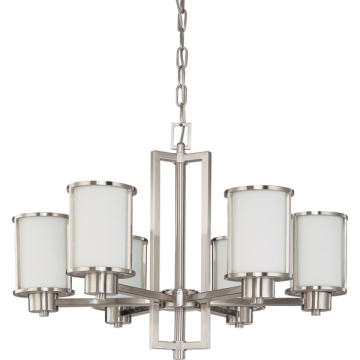 SATCO|NUVO Odeon 6-Light Chandelier - Brushed Nickel - Satin White Glass Shade
