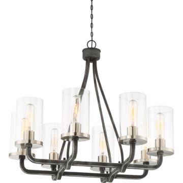 SATCO|NUVO Sherwood 8-Light Chandelier - Iron Black / Brushed Nickel Accents - Clear Glass Shade - Lamps Included
