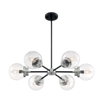 SATCO|NUVO Axis 6-Light Chandelier - Matte Black / Brushed Nickel Accents - Clear Glass Shade