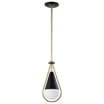 SATCO|NUVO Admiral 1-Light Pendant - 10" - Matte Black / Natural Brass - White Opal Glass