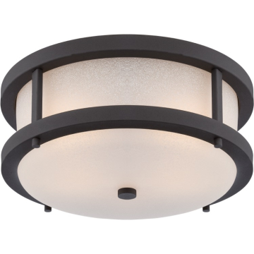 SATCO|NUVO Willis 2-Light Outdoor Flush Mount - Textured Black / Antique White Glass