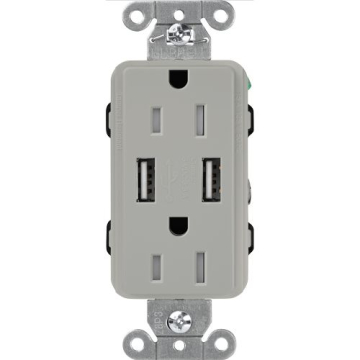 Lutron Claro 15A Tamper Resistant Receptacle - Dual USB Type A - Gray
