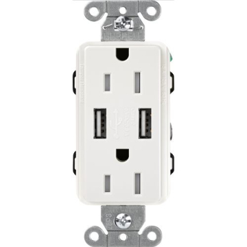 Lutron Claro 15A Tamper Resistant Receptacle - Dual USB Type A - White