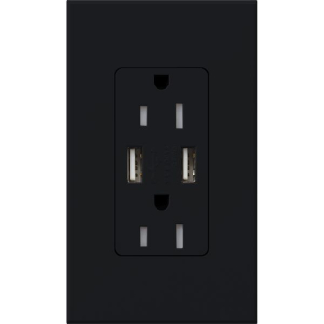Lutron Nova T Architectural 15A Receptacle - Tamper Resistant - Dual USB-A - Black