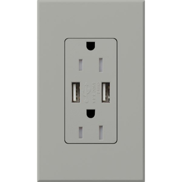 Lutron Nova T Architectural 15A Receptacle - Tamper Resistant - Dual USB-A - Gray