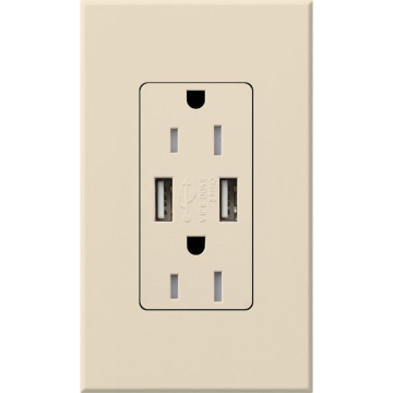 Lutron Nova T Architectural 15A Receptacle - Tamper Resistant - Dual USB-A - Light Almond