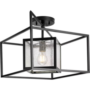 Progress Lighting Navarre 1-Light Seeded Glass Indoor/Outdoor Close-to-Ceiling Light - 120V - Matte Black