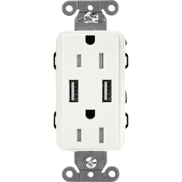 Lutron Claro 15A Tamper Resistant Receptacle - Dual USB - Glacier White