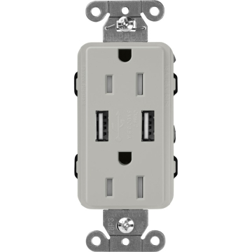 Lutron Claro 15A Tamper Resistant Receptacle - Dual USB - Pebble