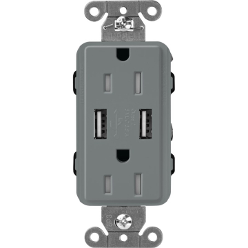 Lutron Claro 15A Tamper Resistant Receptacle - Dual USB - Slate
